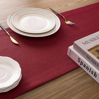 ZeeMart Linen Textured Border Table Runner, 14 x 60 Inch Red, Farmhouse Style Red Table Runners 60 Inches Long, Easy Care Everyday Polyester Table Runner