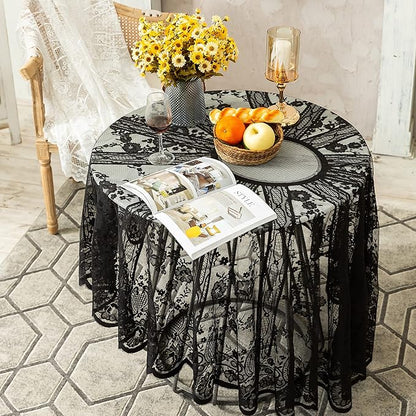 Gorgeous Round Lace Tablecloth,Vintage Floral Embroidered Table Cloths, Chic Round Table Cover for Wedding Banquet HolidayDinner Tables 60INCH (Black)