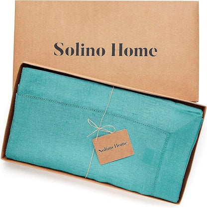 Solino Home Teal Linen Tablecloth 60 x 108 Inch - Classic Hemstitch, 100% Pure Linen Rectangular Tablecloth - Machine Washable Table Cloth for Fall, Autumn, Thanksgiving, Christmas