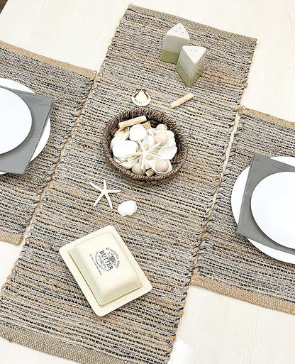 Chardin home Natural Jute Table Runner 13x48 Inch – Vintage Boho Rustic Table Decor – Handwoven Table Runner in Natural Jute and Grey – Farmhouse Dining or Console Table Accent