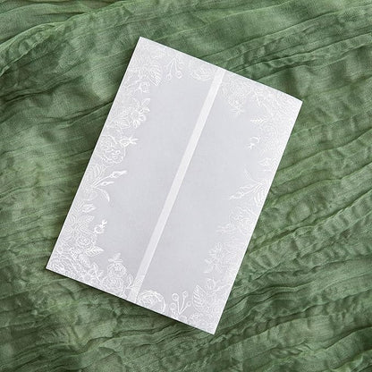 PONATIA 50PCS White Vellum Jackets for 5x7 Invitation Cards- 135GSM White Foil Print Flowers Sleeves, Vellum Paper 5x7 Wraps - Transparent Christmas Gift Cards Jackets