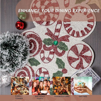 CLEENTABLE Handcrafted Beaded Table Runner – 36"x13" Art Deco Home Decor & Luxury Dinner Table Centerpiece in Vibrant Cherry Reddish with 85% Glass Beads, Durable Polyester Backing