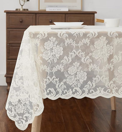LinenZone Square Ivory Tablecloth for Rustic Vintage Decor. Sheer Lace Table Cloth Works Great As Wedding Tablecloth or Thanksgiving Table Cover. (Mia TC 60 x 60, Ivory)