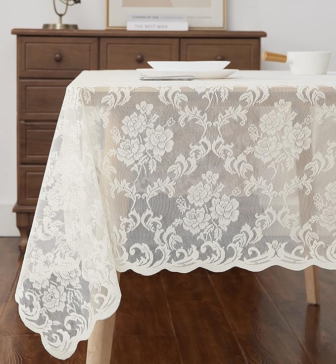 LinenZone Ivory Rectangle Tablecloth for Rustic Vintage Decor. Sheer Lace Works Great As Wedding, Thanksgiving or Christmas Tablecloth (Mia TC 60 x 144, Ivory)