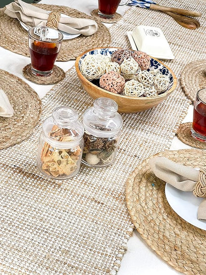 Chardin home Natural Jute Table Runner 13x108 Inch – Vintage Boho Rustic Table Decor – Handwoven Long Table Runner in Natural Jute and Ivory – Farmhouse Dining or Console Table Accent