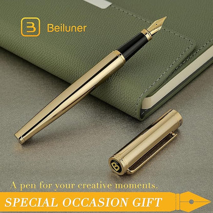 BEILUNER Gold Fountain Pen,Stunning Luxury Pens with 24K Gold Finish, Gorgeous 24K Gilded Nib(Medium), Fancy Pen Gift Set for Men&Women -Ink Converter-Elegant,Office,Nice Pen for Writing