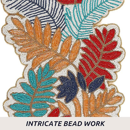 Beaded Table Runner 13x36 - Handmade Leaf Design, Glass Beads & Polyester Backing - Decorative Dining Table Centerpiece for Weddings, Parties, Thanksgiving, Christmas & Everyday Décor - CLEENTABLE