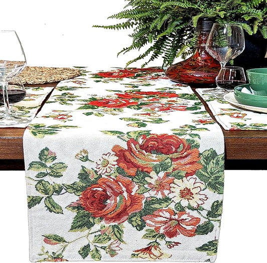 Tache Sweet Roses Spring Summer Flower Traditional French Country Vintage White Red Floral Decorative Woven Tapestry Long Kitchen Dining Table Runners, 13 x 90