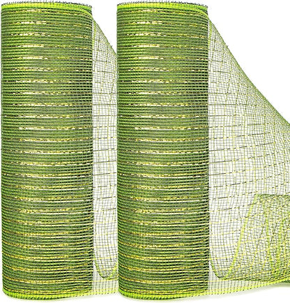 Ribbli 2 Rolls Moss Green Mesh Ribbon,10 inch x 30 feet(10Yard) Each Roll,Metallic Moss Green with Gold Foil,Christmas Ribbon for Wreath Swags and Decorating