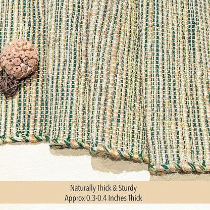 Chardin Home Natural Jute Table Runner 13x72 Inch – Vintage Boho Rustic Table Decor – Handwoven Table Runner in Natural Jute and Green – Farmhouse Dining or Console Table Accent