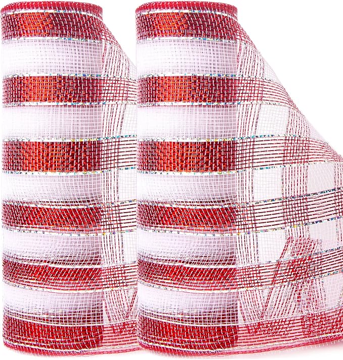 Ribbli 2 Rolls Red and White Stripe Metallic Mesh Ribbon,10 inch x 30 feet(10Yard),Metallic Red & White Stripe with Iridescent Silver Foil,Valentine's Day Ribbon for Wreath and Decorating