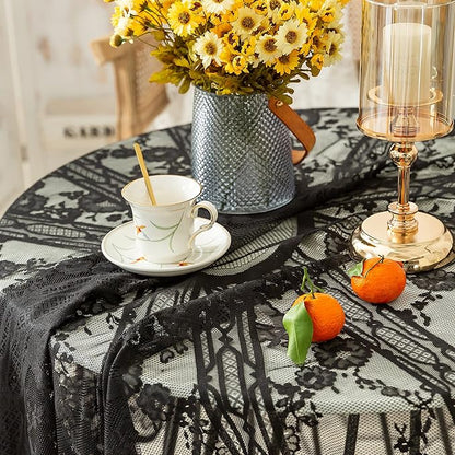 Gorgeous Round Lace Tablecloth,Vintage Floral Embroidered Table Cloths, Chic Round Table Cover for Wedding Banquet HolidayDinner Tables 60INCH (Black)
