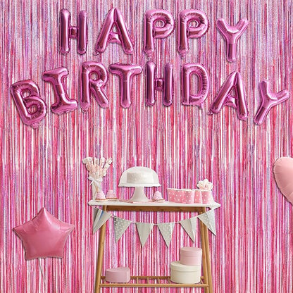 4 Pack Pink Backdrop, 3.28 FT x7.05 FT Foil Fringe Curtains, Metallic Glitter Pink Streamer Fringe Backdrop Foil Curtains, Laser Pink Birthday Party Decorations Bachelorette Decor