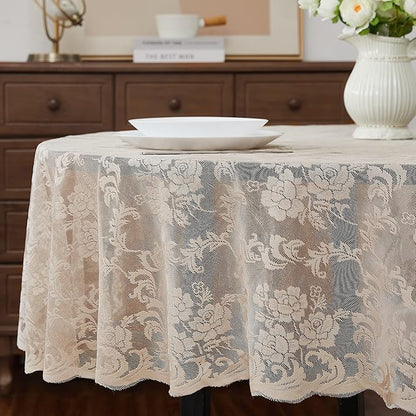 LinenZone Linen Round Tablecloth for Rustic Vintage Decor. Sheer Lace Works Great As Wedding, Thanksgiving or Christmas Tablecloth (Mia 48 Round, Linen)
