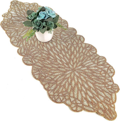 Metallic Bead Table Runner 13x36 Inches - Glass Beaded & Polyester Handcrafted Nautical Decor for Weddings, Christmas & Home Gatherings - Stain Resistant Dining Décor Accent (Gold) - CLEENTABLE