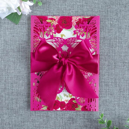 20 PCS 5.12x7.2 Butterfly Quinceanera Invitation, Laser Cut Wedding Invitation Cards with Envelopes for XV Anos Bridal Shower Baby Shower Invite (Fuchsia)