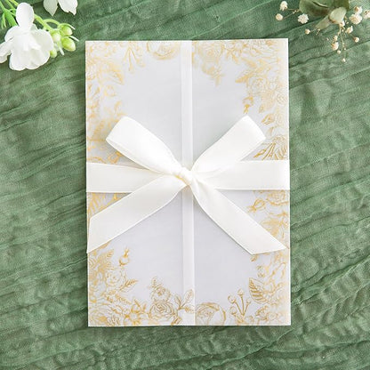 PONATIA 50 PCS Vellum Jackets for 5x7 Invitations- 135gsm Gold Foil Print Floral Printed Vellum Sleeves, Quinceanera Wedding Invitation Cards Wraps, Transparent Christmas Gift Cards Jackets