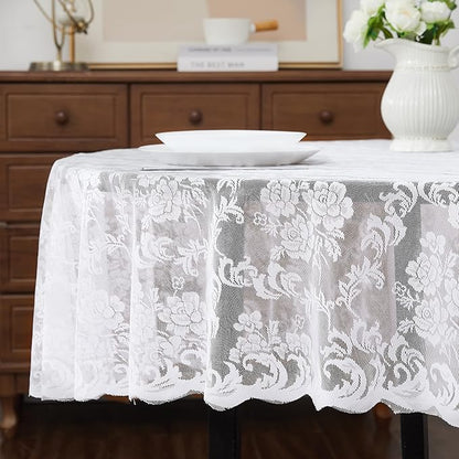 LinenZone Small White Round Tablecloth for Rustic Vintage Decor. Sheer Lace Table Cloth Works Great As Wedding Tablecloth or Thanksgiving Table Cover. (Mia 36 Round, White)