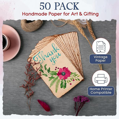 Wanderings Handmade Antique Deckle Edge Blank Cards - 4"x6" Package of 50 - Mixed Media Cards for Announcements Invitations Crafts - Thick Deckled Edge Paper 150 GSM Recycled Paper